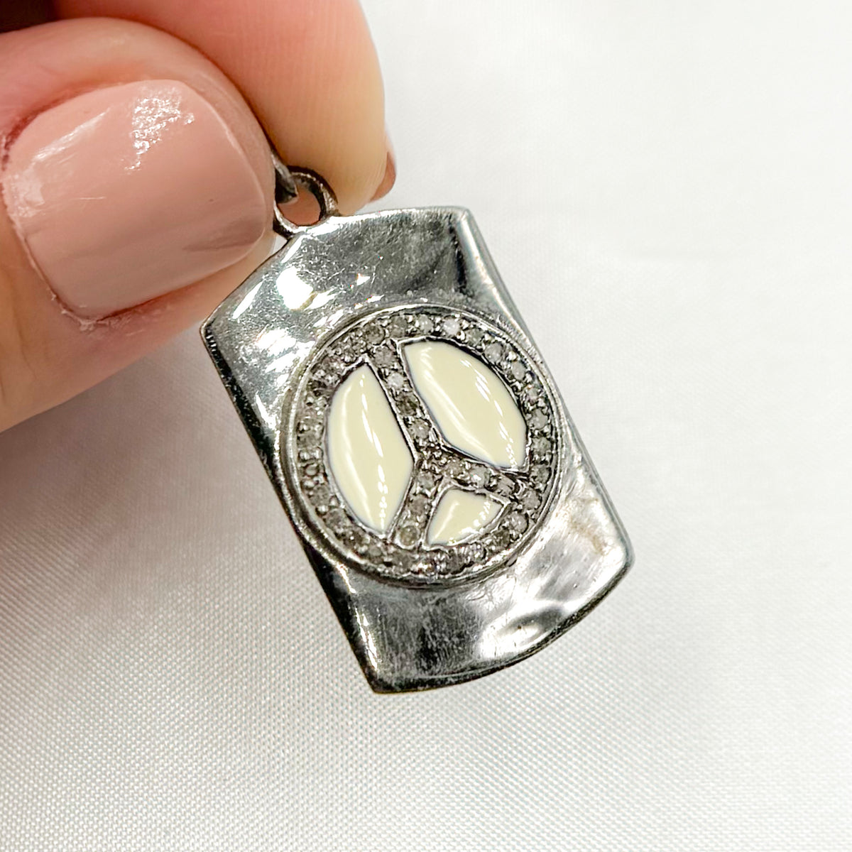 Diamond Sterling Silver Rectangle Peace Enamel Pendant