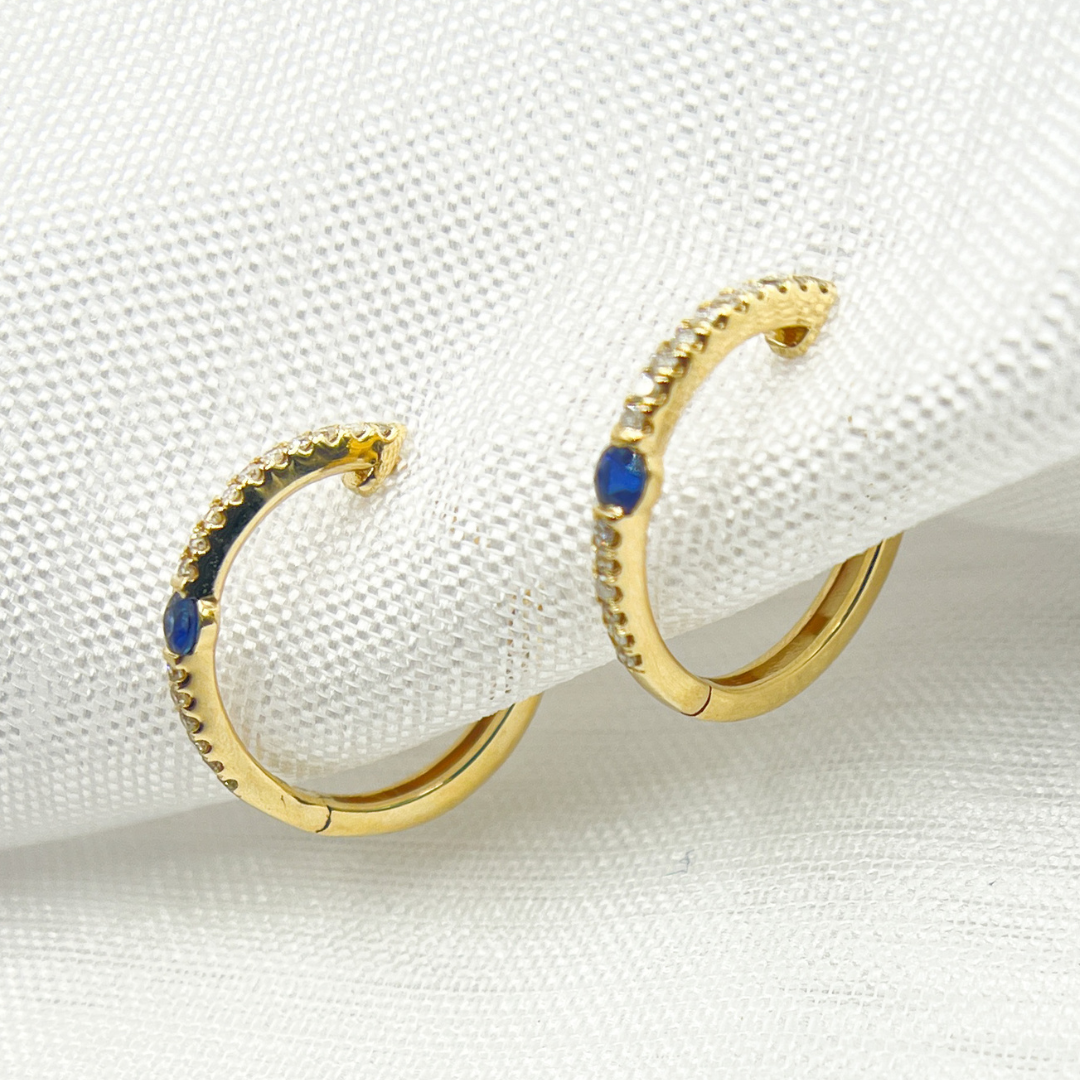 14K Solid Gold Diamond & Blue Sapphire Hoop Earrings. EHC56664BS