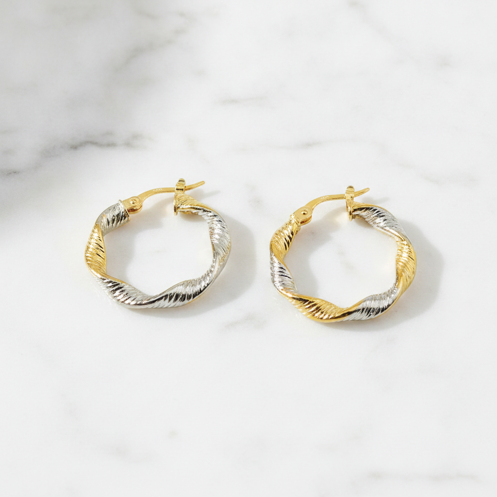 GER32. 14K Solid Gold Twist Round Classic Hollow Hoop Earrings