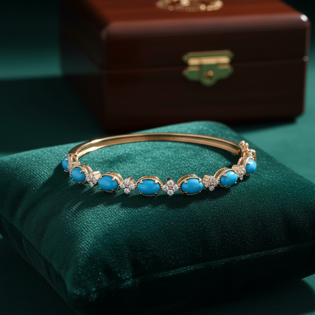 CB97337TQ6X4. 18K Solid Yellow Gold Turquoise and Diamond Fancy Bangle