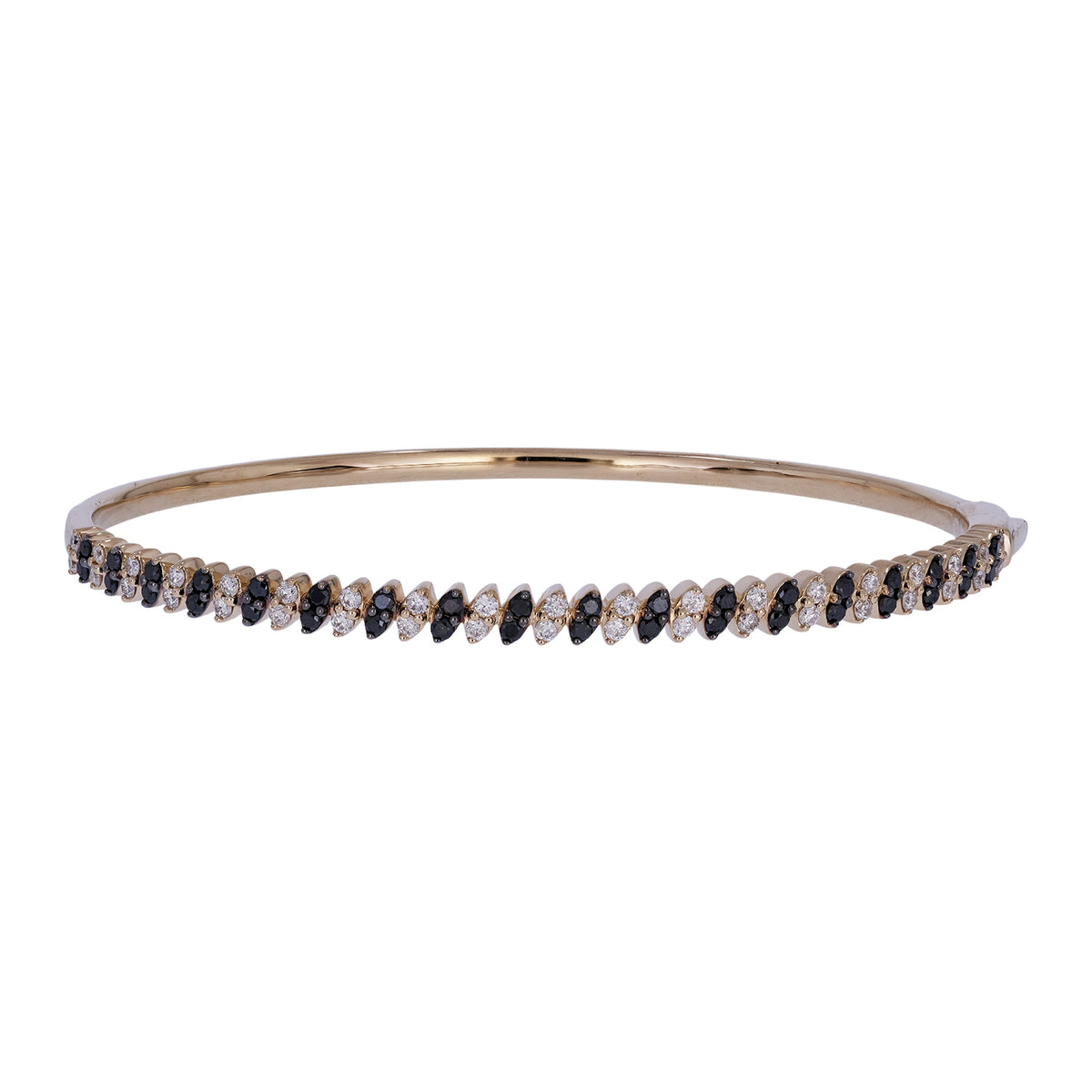 BNK68620A. 14K Solid gold bangle alternating black diamonds and white diamonds