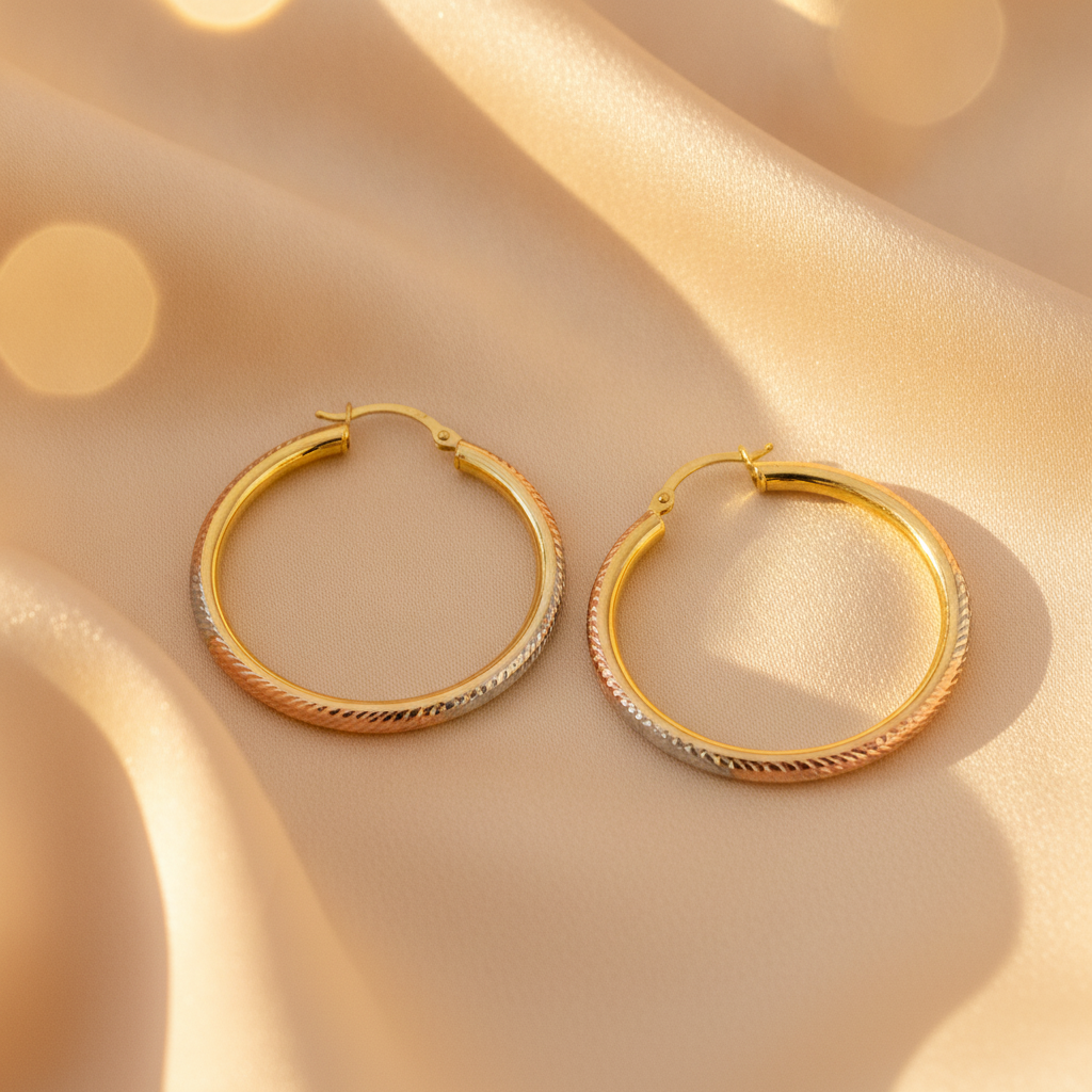 GER72. 14K Gold Tri-Color Hollow Hoop Earrings with Engraved Tornado Design