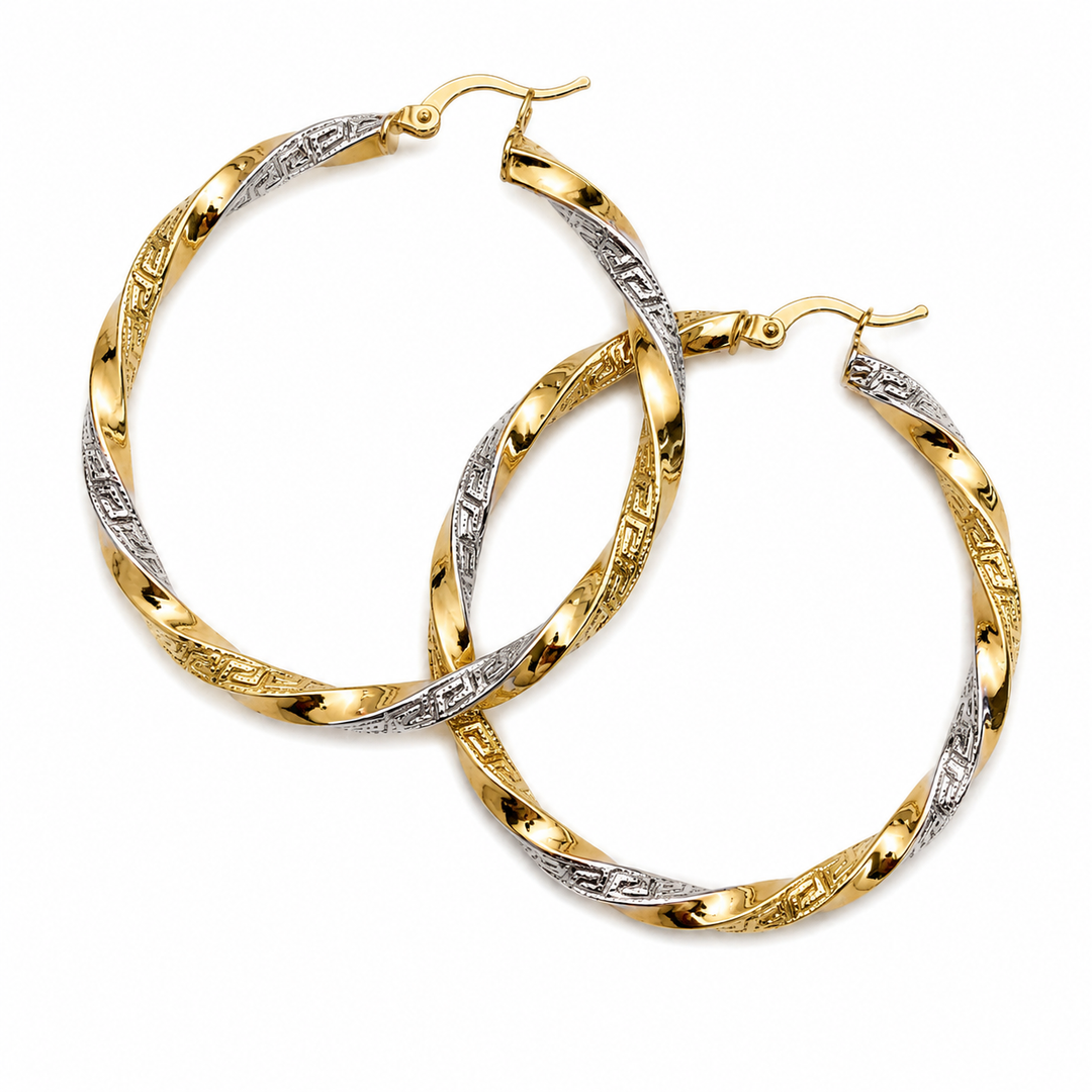GER124. 14K Solid Gold Twisted Hollow Hoop with Engraved
