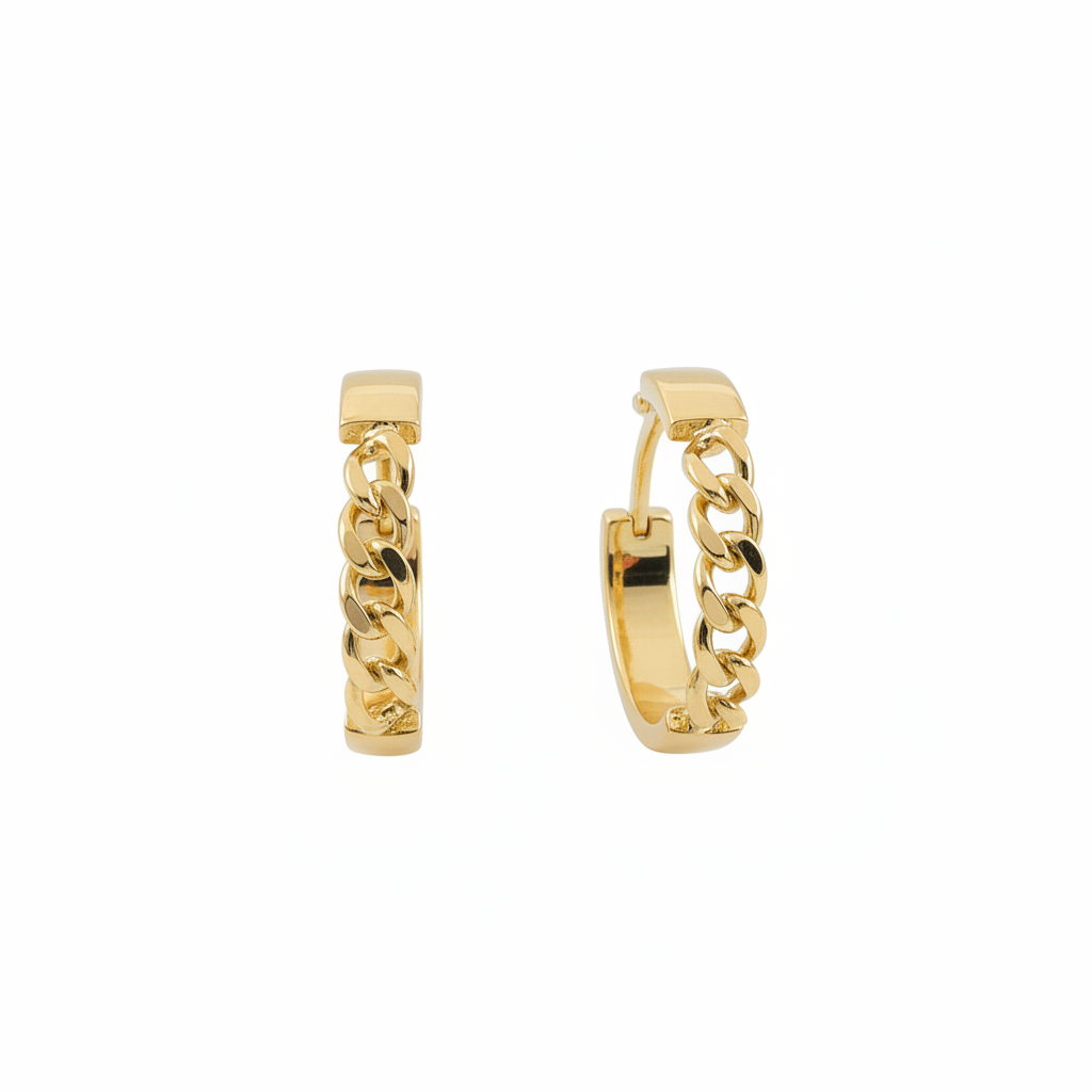 GER108. 14K Solid Gold Hollow Hoop with Flat and Curb section