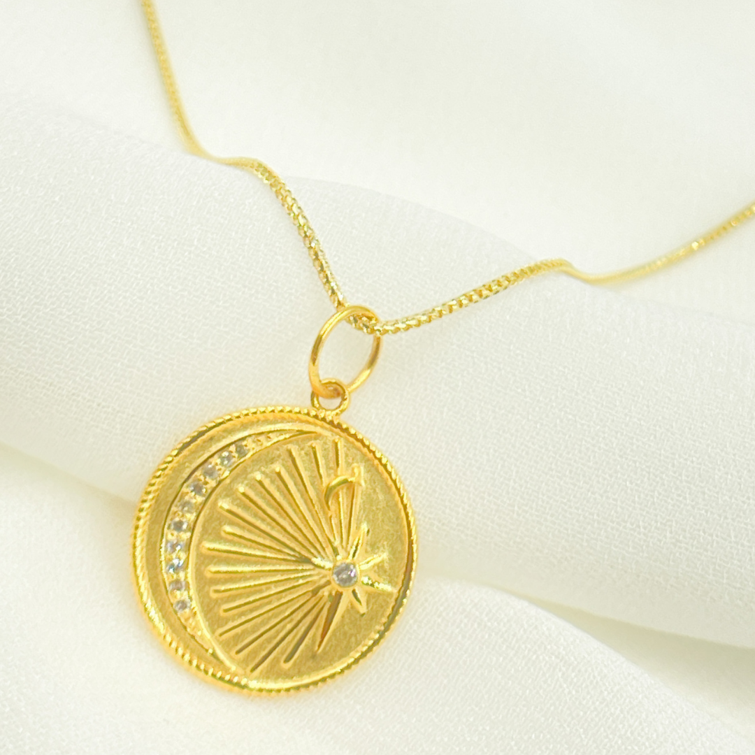 14K Solid Gold with Diamonds Circle Shape Charm with Moon and Star in the Center. GDP241