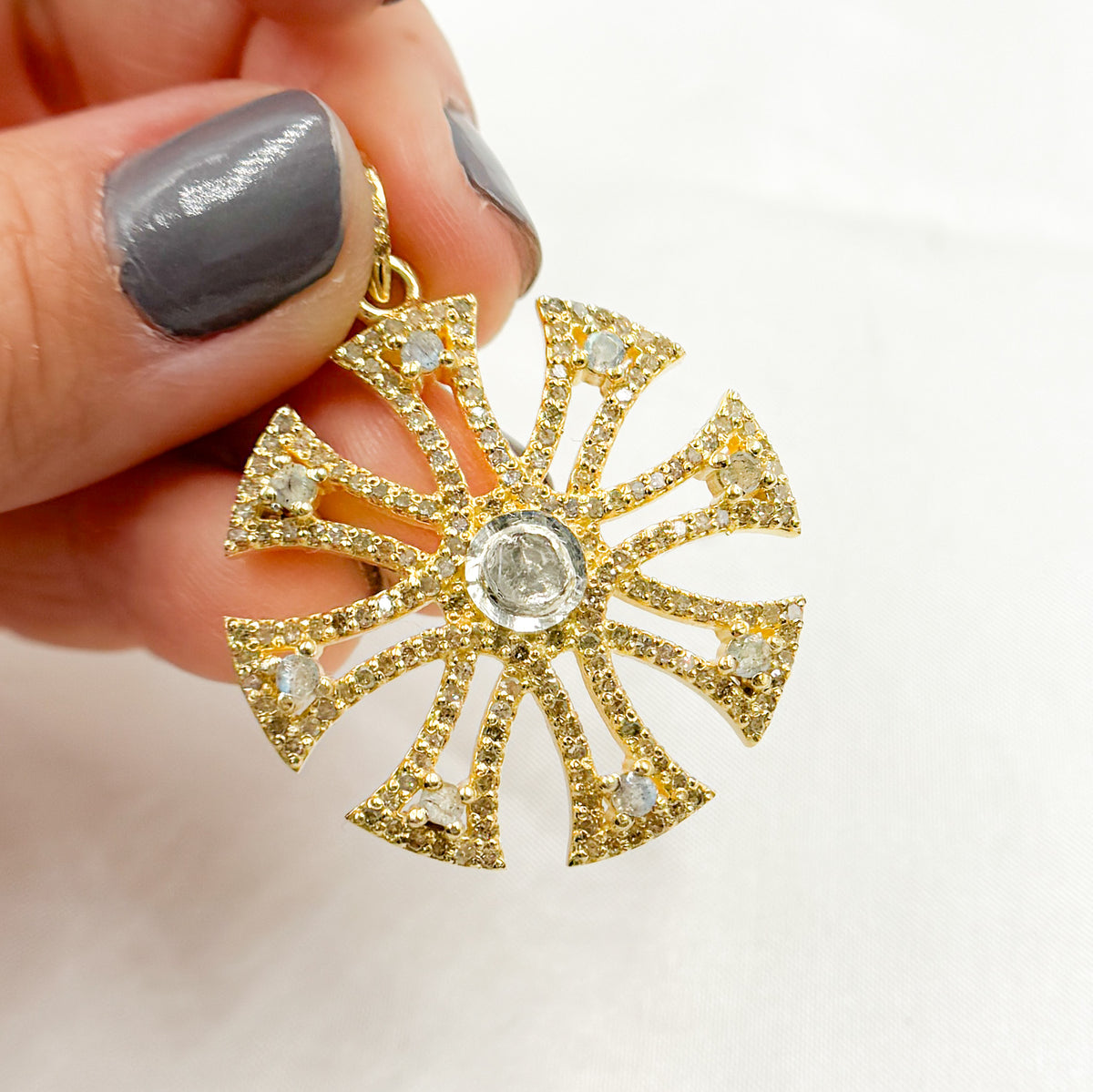 DP460. Diamond & Sterling Silver Fancy Shape Pendant with Polki Diamond and Gemstone