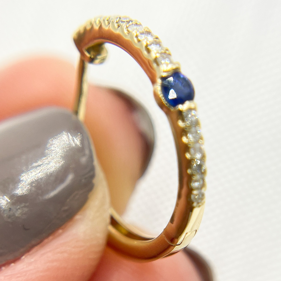 14K Solid Gold Diamond & Blue Sapphire Hoop Earrings. EHC56664BS