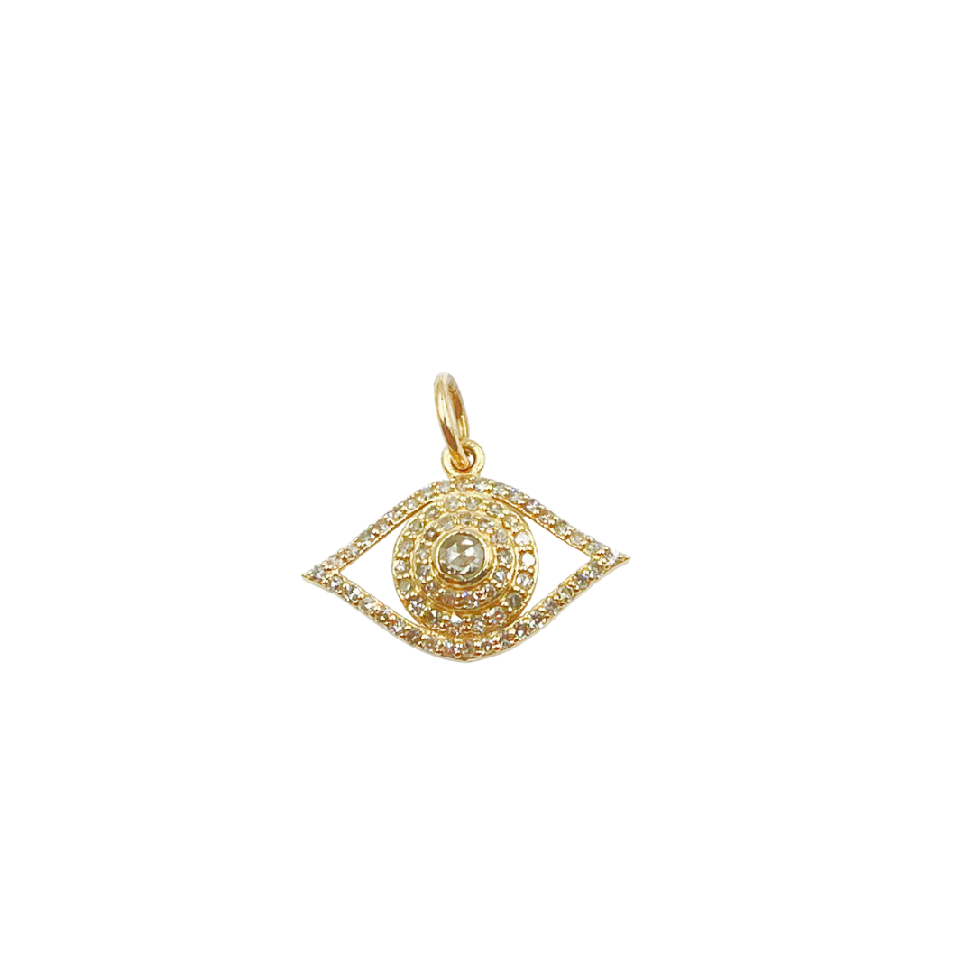 14K Solid Gold Charm. Evil Eye Pendant with Diamonds. KG71