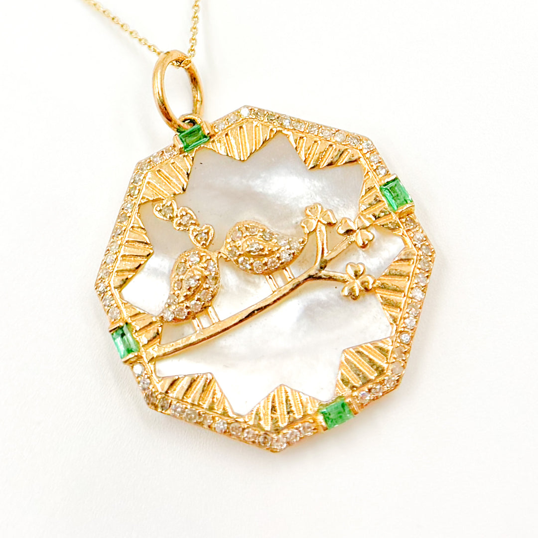 14K Solid Gold Octagon Birds Pendant