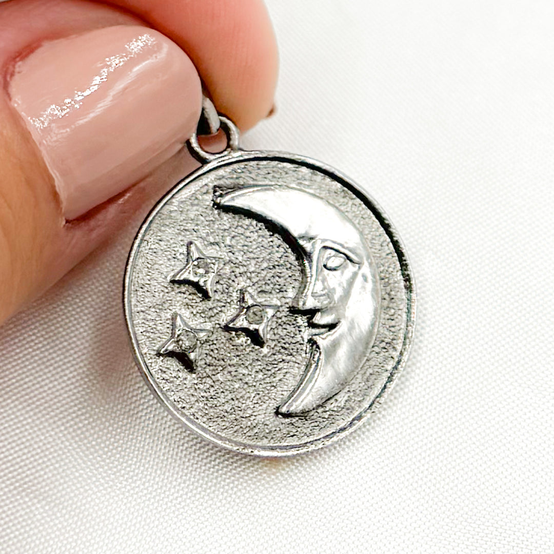 DP582. Diamond Sterling Silver Round Moon and Star Pendant