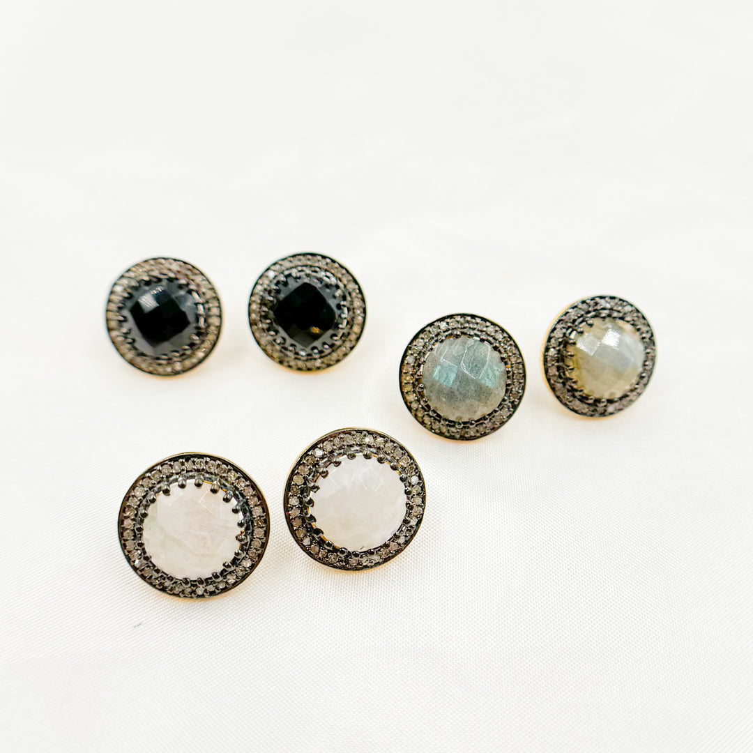 DE043. Diamond Silver Gemstone Round Studs