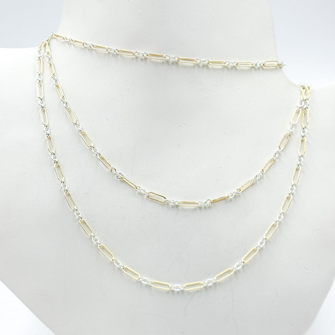 XM/1931K/SP. 14K Gold Filled and Sterling Silver Knurled Link Chain – Long & Short Pattern