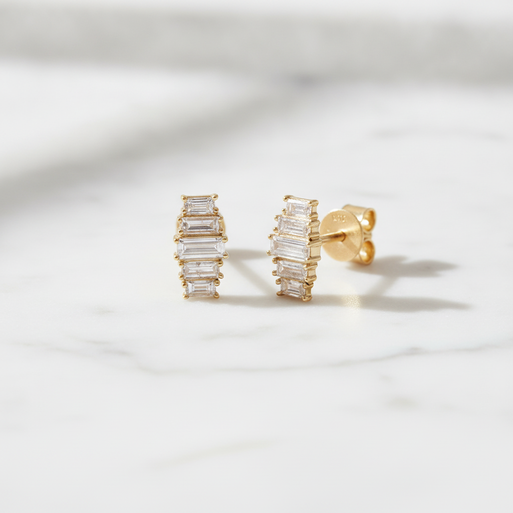 EFH54505. 14K Solid Gold Diamond Baguette Fancy Stud Earrings
