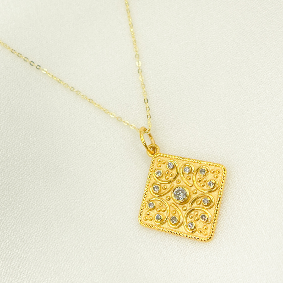 14K Solid Gold Square Pendant with Diamonds. GDP281