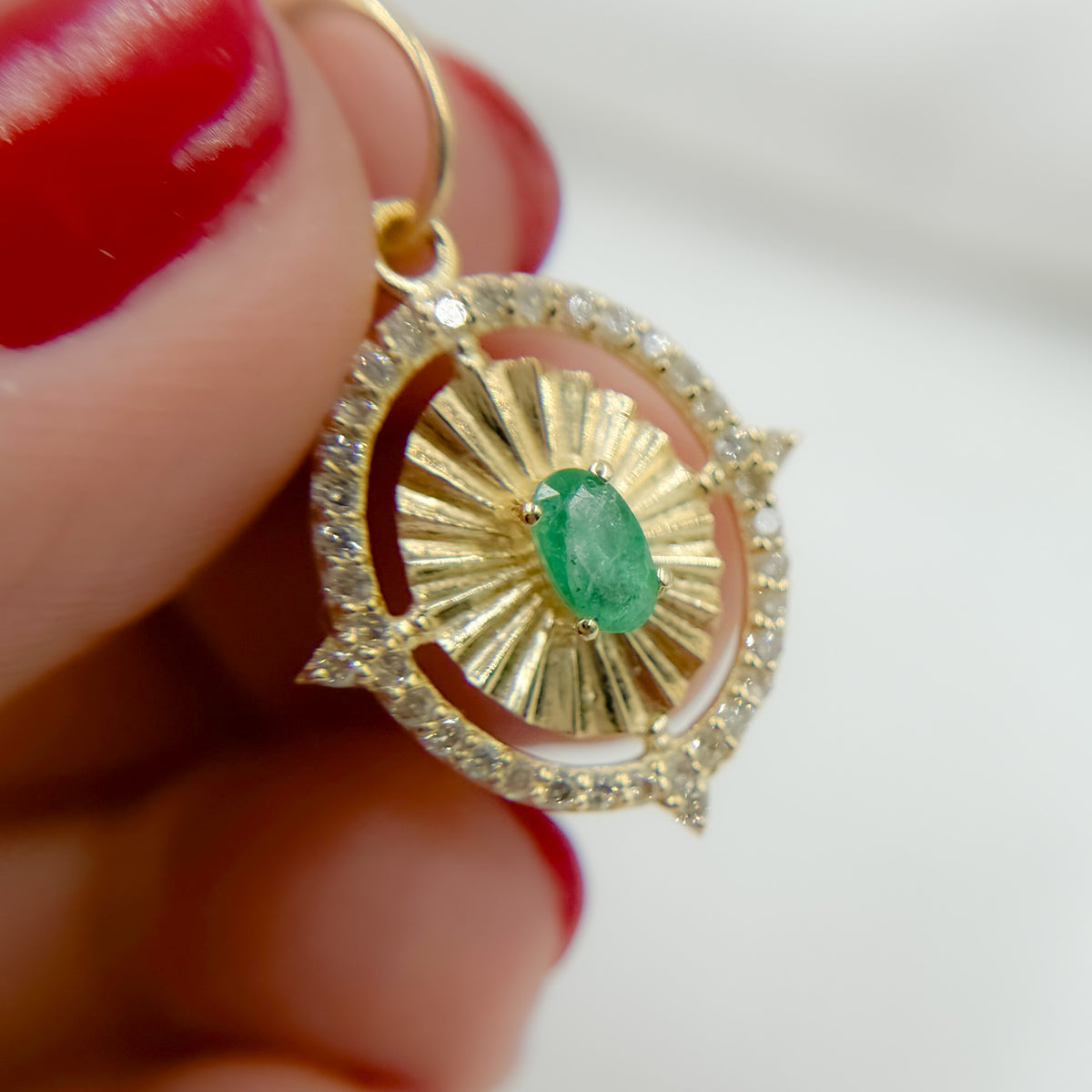 GDP651. 14k Solid Gold Diamond and Emerald Oval Charm