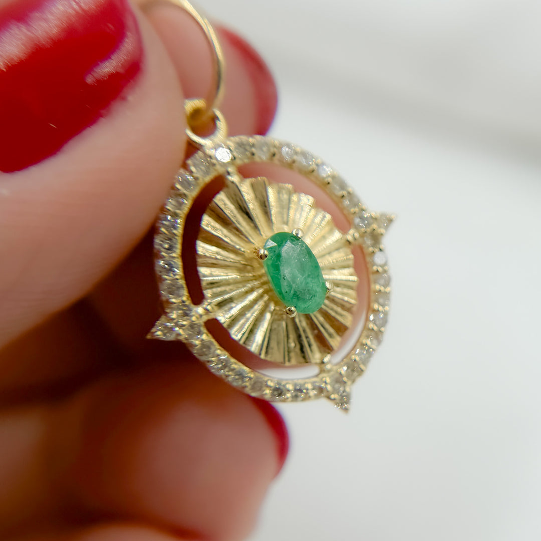 14k Solid Gold Diamond and Emerald Oval Charm.  GDP651