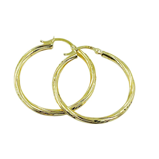GER60. 14K Solid Gold Engraved Tornado Hoop Earrings