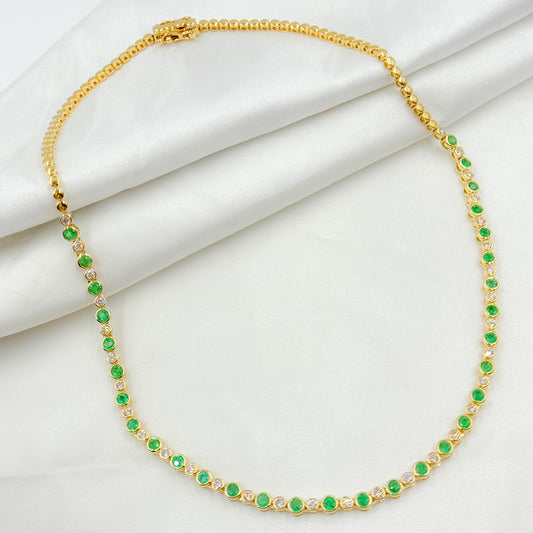 14K Solid Gold Emerald and Diamond Necklace