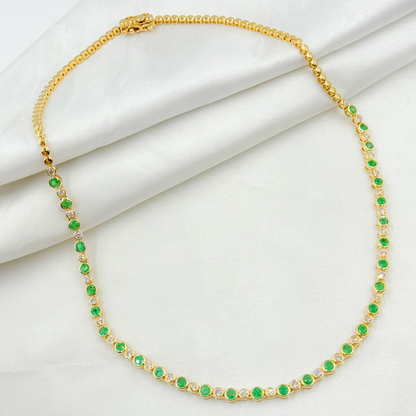 14K Solid Gold Emerald and Diamond Necklace