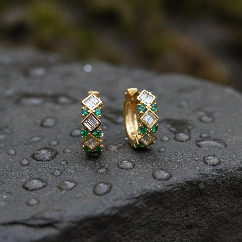 EHD57674EM. 18K Solid Gold Diamond and Emerald Earrings