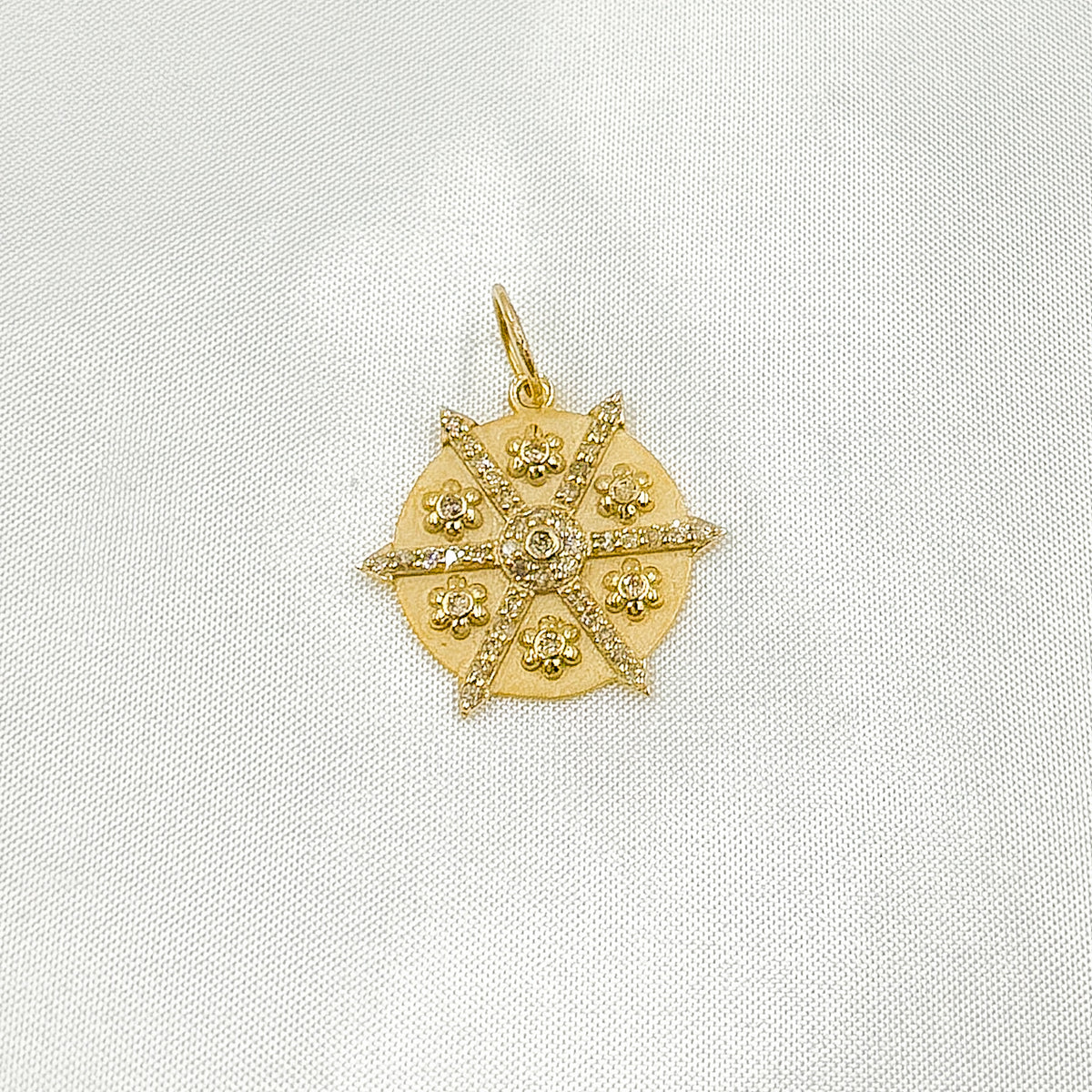 14K Solid Gold Diamonds and Gemstones Circle Charm with Flowers between Arrows. GDP619