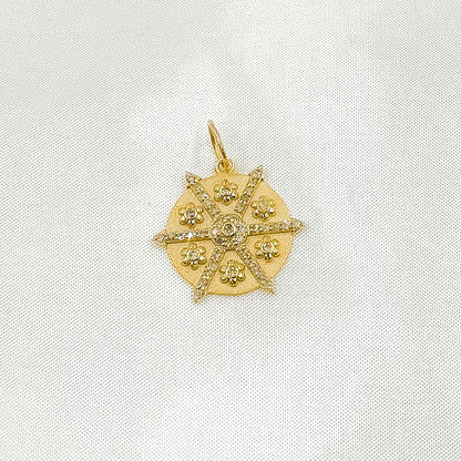 14K Solid Gold Diamonds and Gemstones Circle Charm with Flowers between Arrows. GDP619