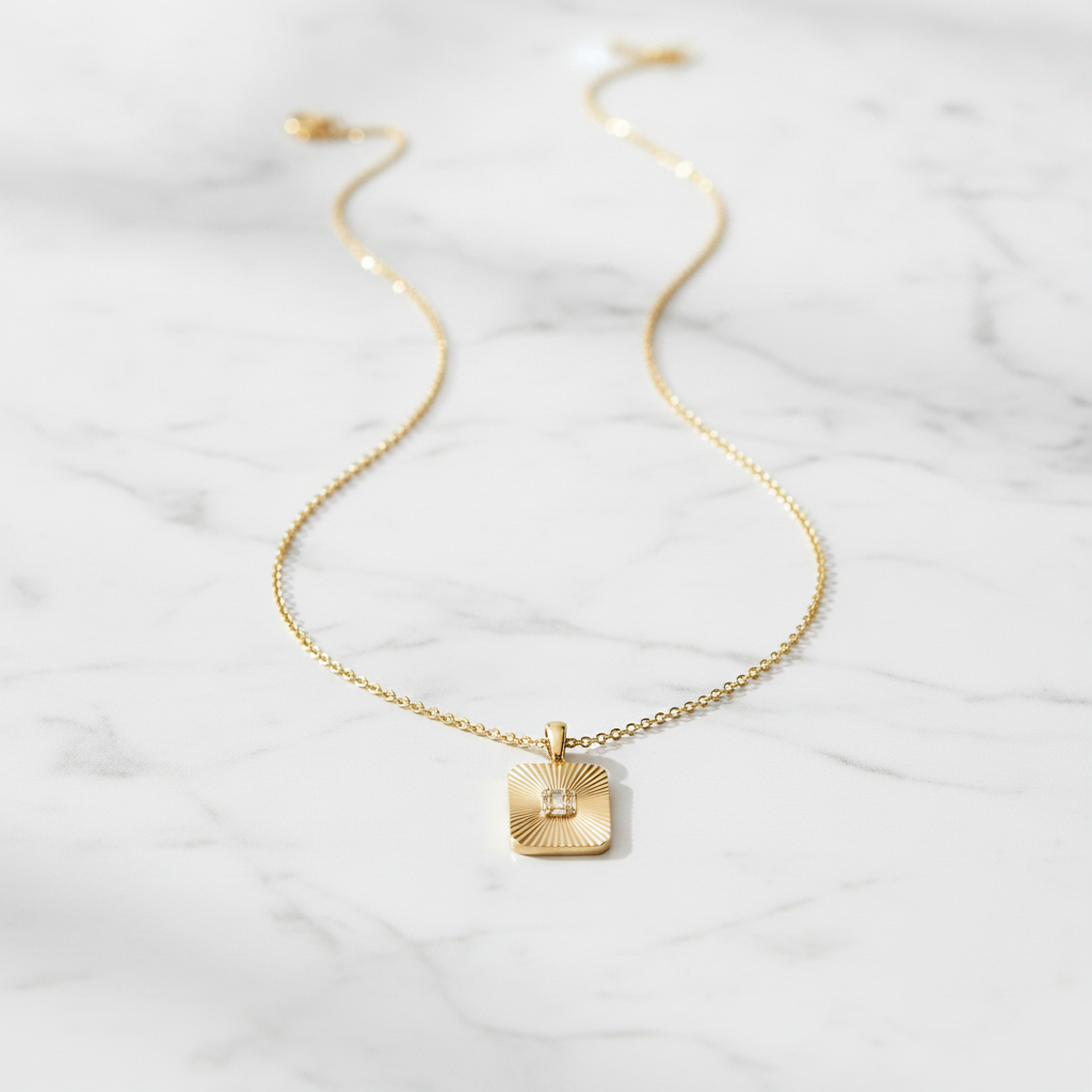 PFA33149. 14K Solid Gold Diamond Rectangle Necklace