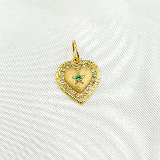 14k Solid Gold Diamond and Emerald Heart Charm.  GDP627