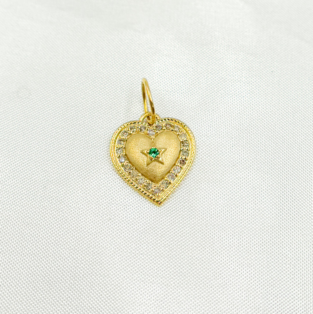 14k Solid Gold Diamond and Emerald Heart Charm.  GDP627