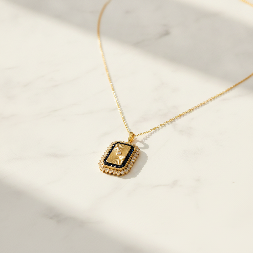 PFH33150. 14K Solid Gold Diamond and Blue Sapphire Rectangle Necklace