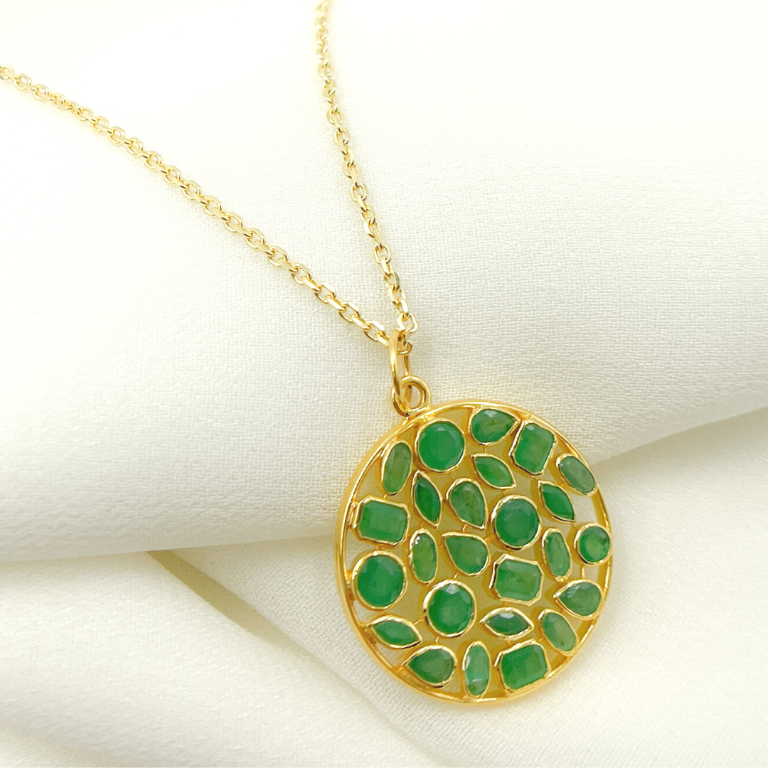 14K Solid Gold Circle Shape Emerald Charm. CGDP36