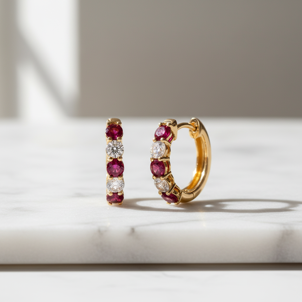 EHG56555. 14k Solid Gold Gemstone and Diamond Hoops
