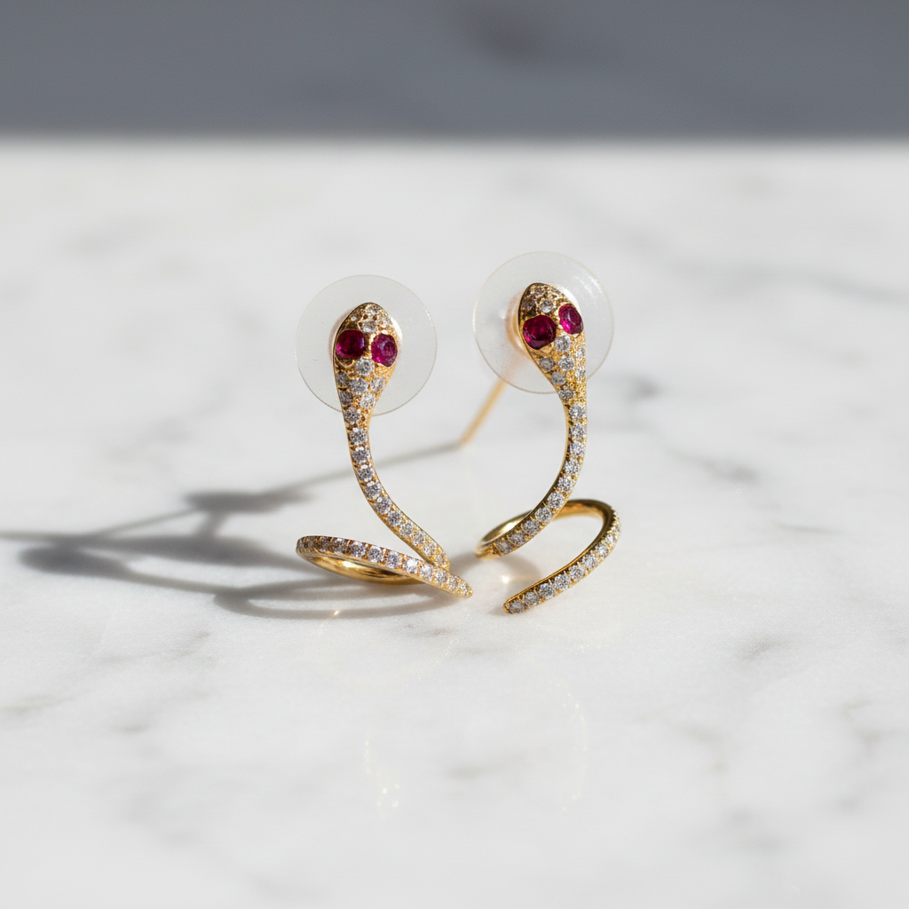EFE53688RU. 14K Solid Gold Diamond and Ruby Snake Studs