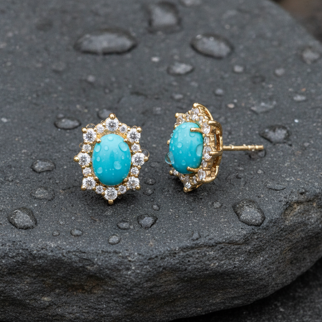 CE96209TQ8X6. 14k Solid Gold Diamond and Turquoise Stud Earrings
