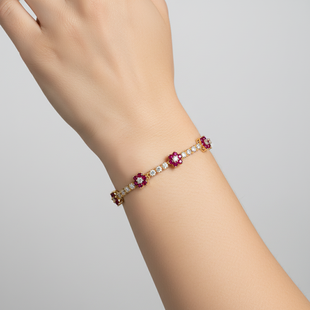 BR402699. 14k Solid Gold Diamond and Gemstone Fancy Flower Bracelet