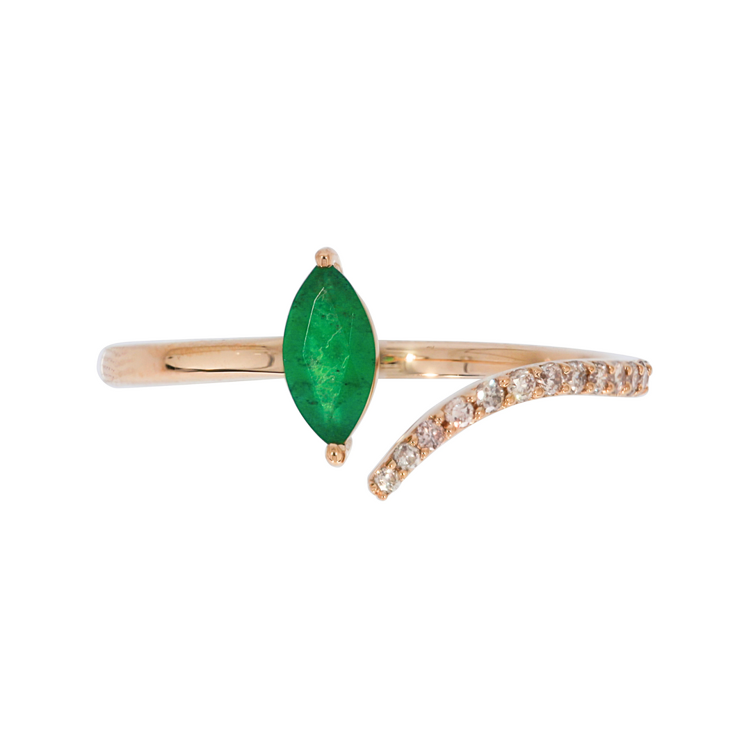 CR96475EM7X3.5. 14K Solid Gold Diamond and Leaf Emerald Ring