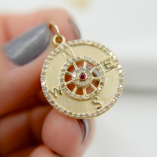 14K Solid Gold Diamond Compass Circle Charm. GDP433