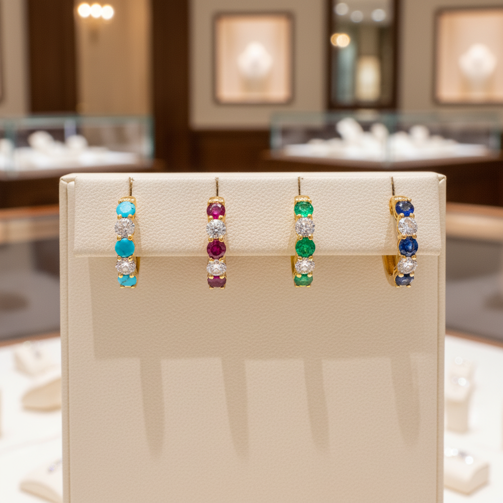 EHG56555. 14k Solid Gold Gemstone and Diamond Hoops