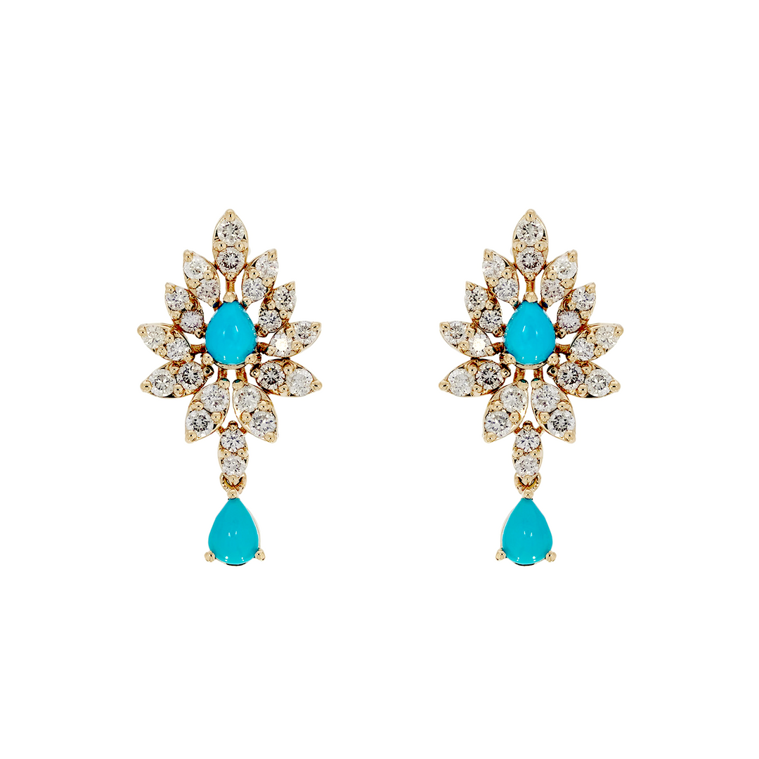 EFJ54190TQ. 14K Solid Gold Turquoise Flower Dangle Earrings