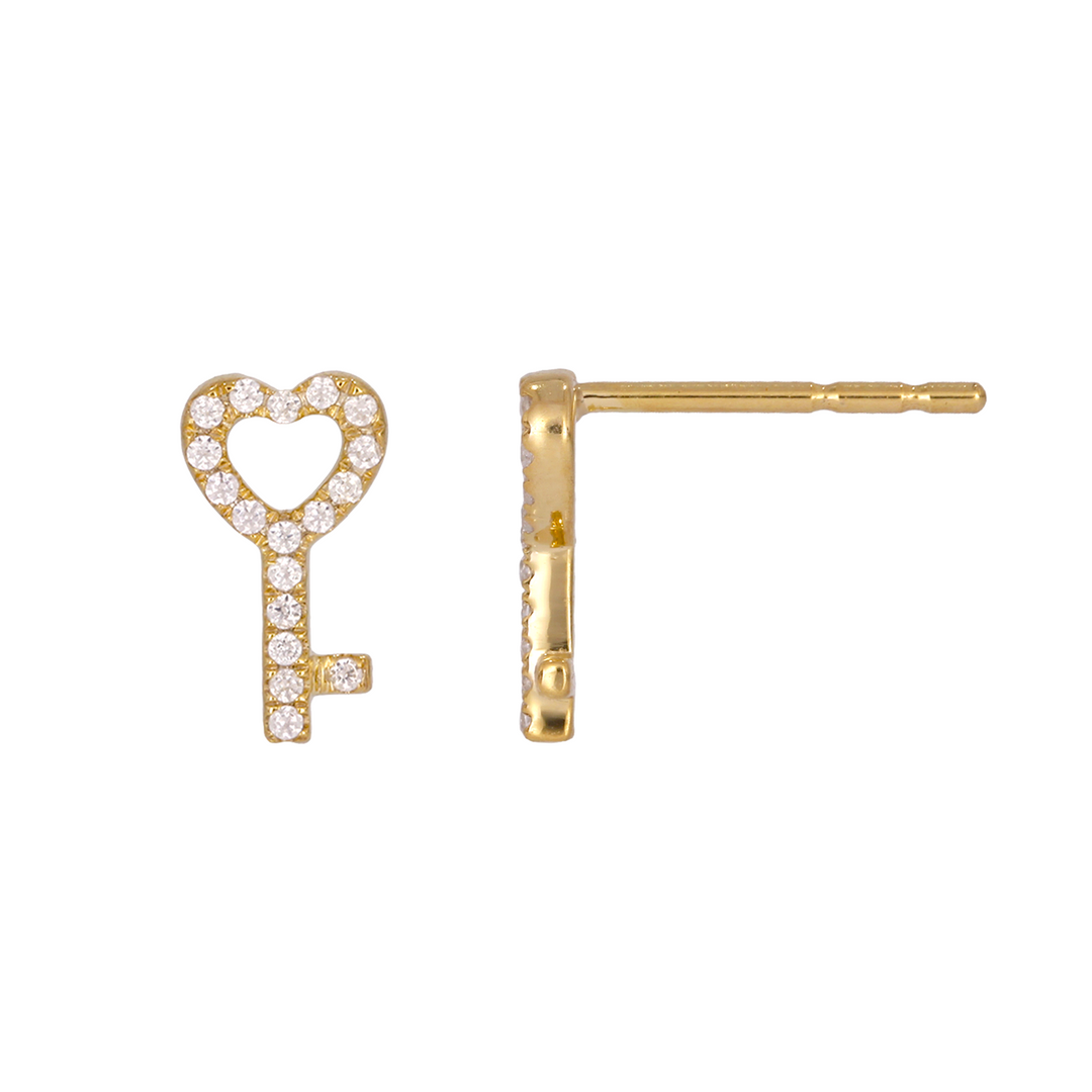 Buy 14K Solid Gold Diamond  Key Heart Studs Earrings