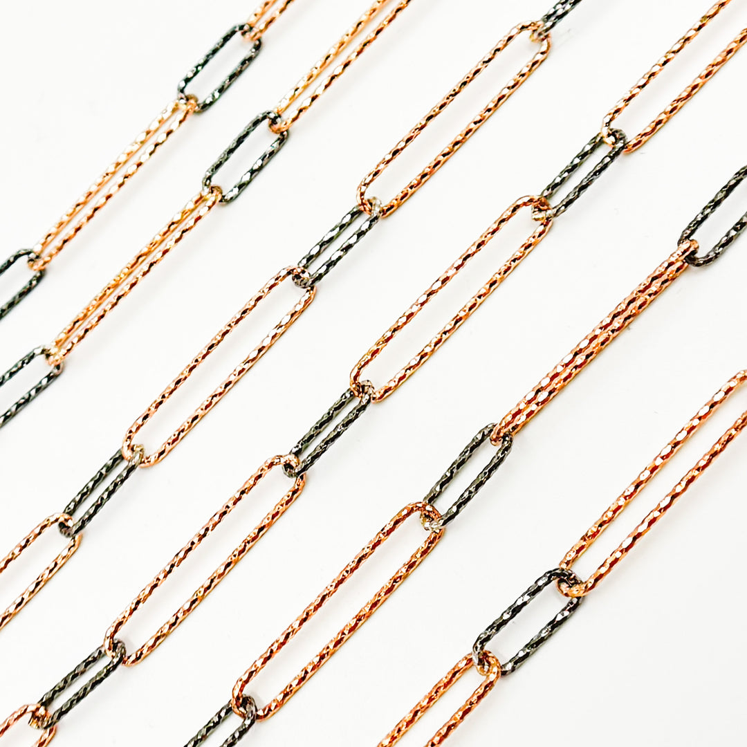 V4RGB. Sterling Silver Diamond Cut Long Rose Gold Plated & Short Black Rhodium Paperclip Chain