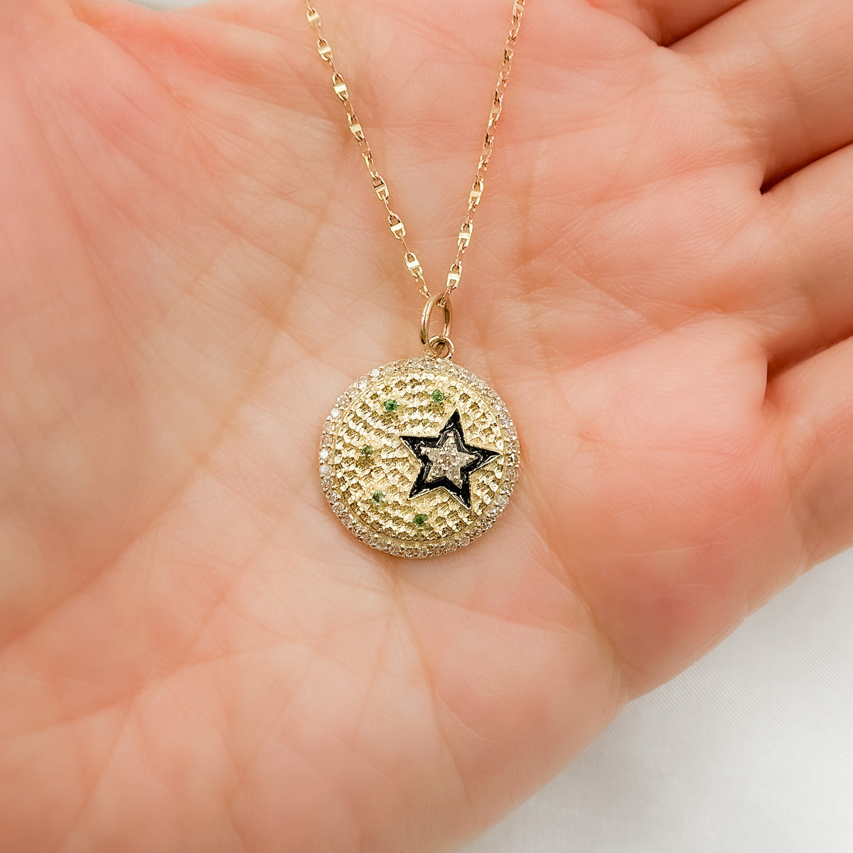 KG236. 14k Solid Gold Circle Charm with Diamonds, Gemstones, and Enamel with Stars