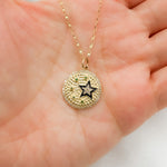 Load image into Gallery viewer, 14k Solid Gold Circle Charm with Diamonds, Gemstones, and Enamel with Stars. KG236
