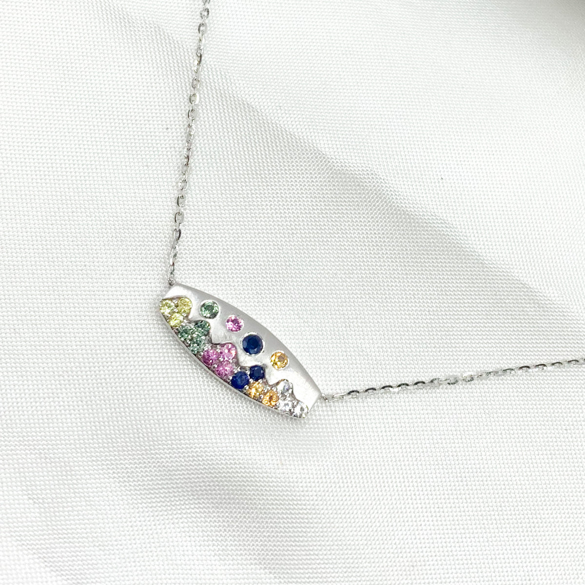NT405723. 14K Solid Gold Diamond and Multi Sapphire Bar Necklace