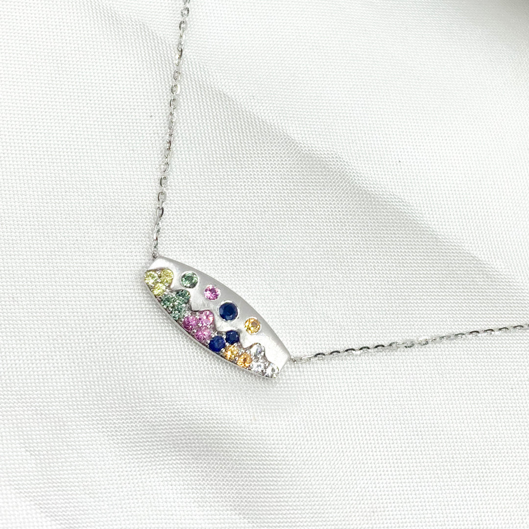 14K Solid Gold Diamond and Multi Sapphire Bar Necklace. NT405723