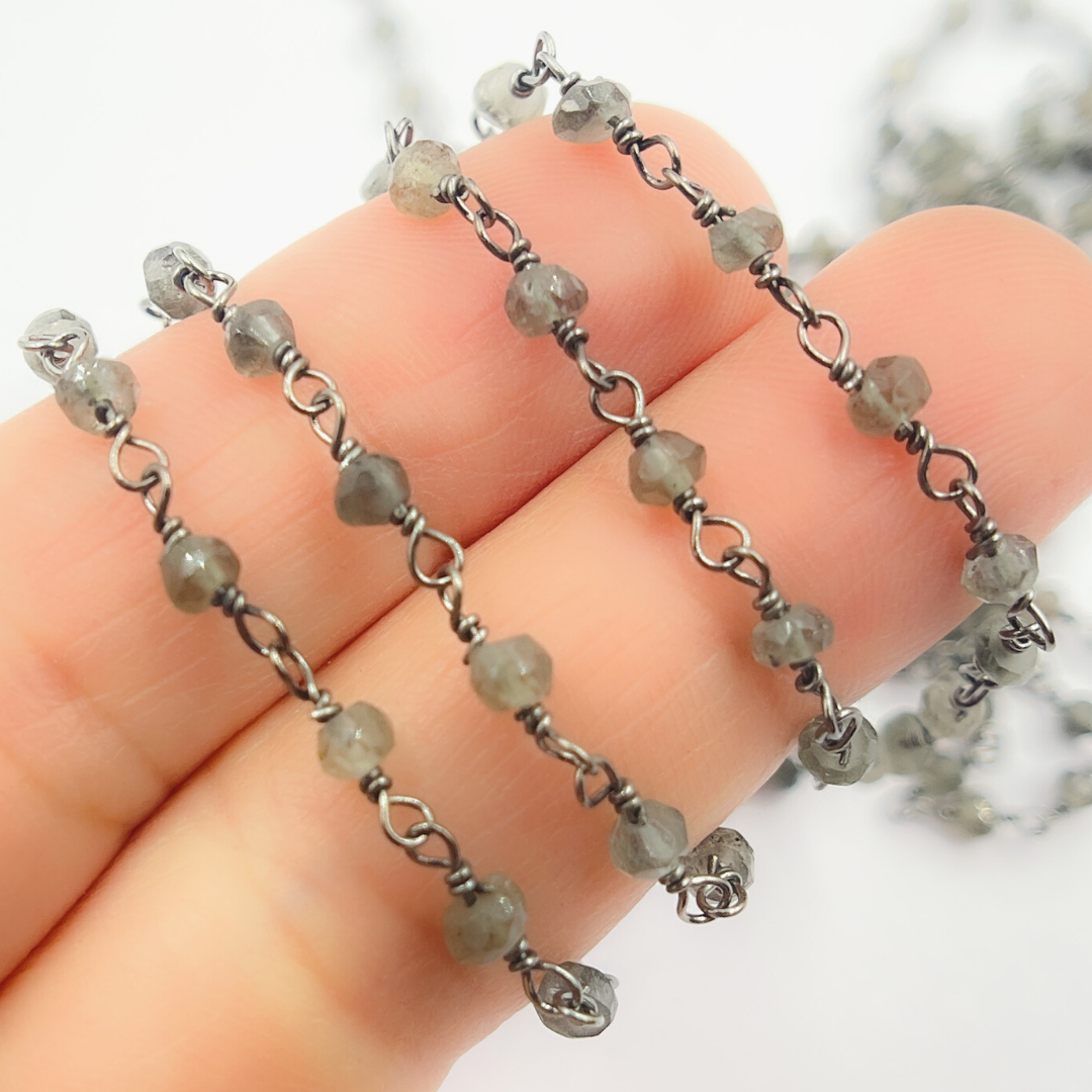 Rondel Moonstone & Coin Labradorite Oxidized 925 Sterling Silver Wire Chain
