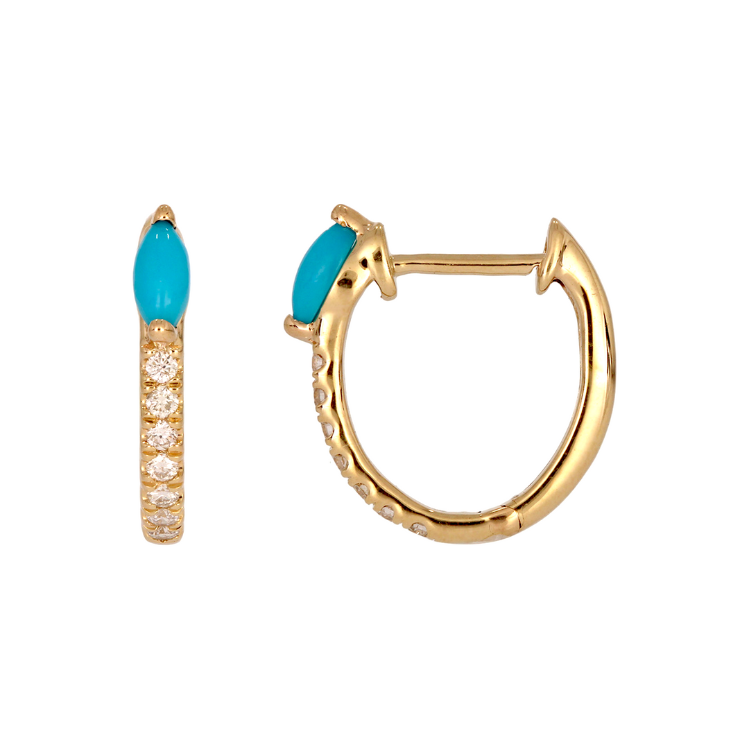 EHC57586TQ. 14K Solid Yellow Gold Diamond and Turquoise Hoop Earrings