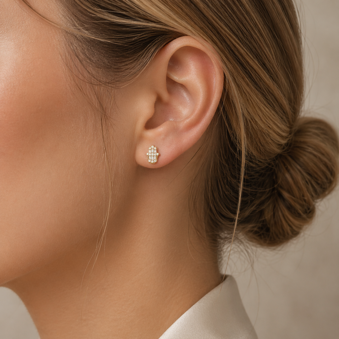 EFC54276. 14K Solid Gold Diamond Hamsa Hand Studs