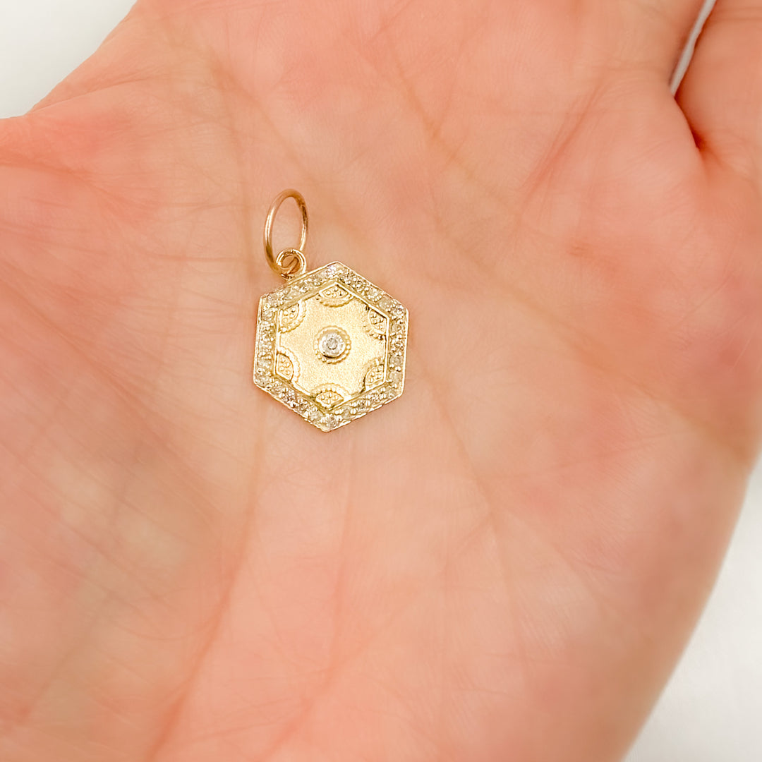 GDP254. 14K Solid Gold Diamond Hexagon Charm