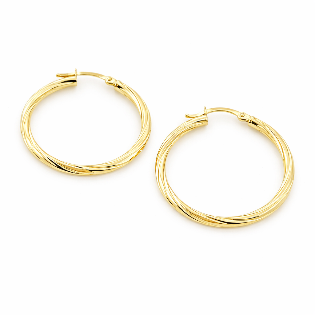 GER173. 14K Gold Hollow Hoop Earrings with Engraved Tornado Design